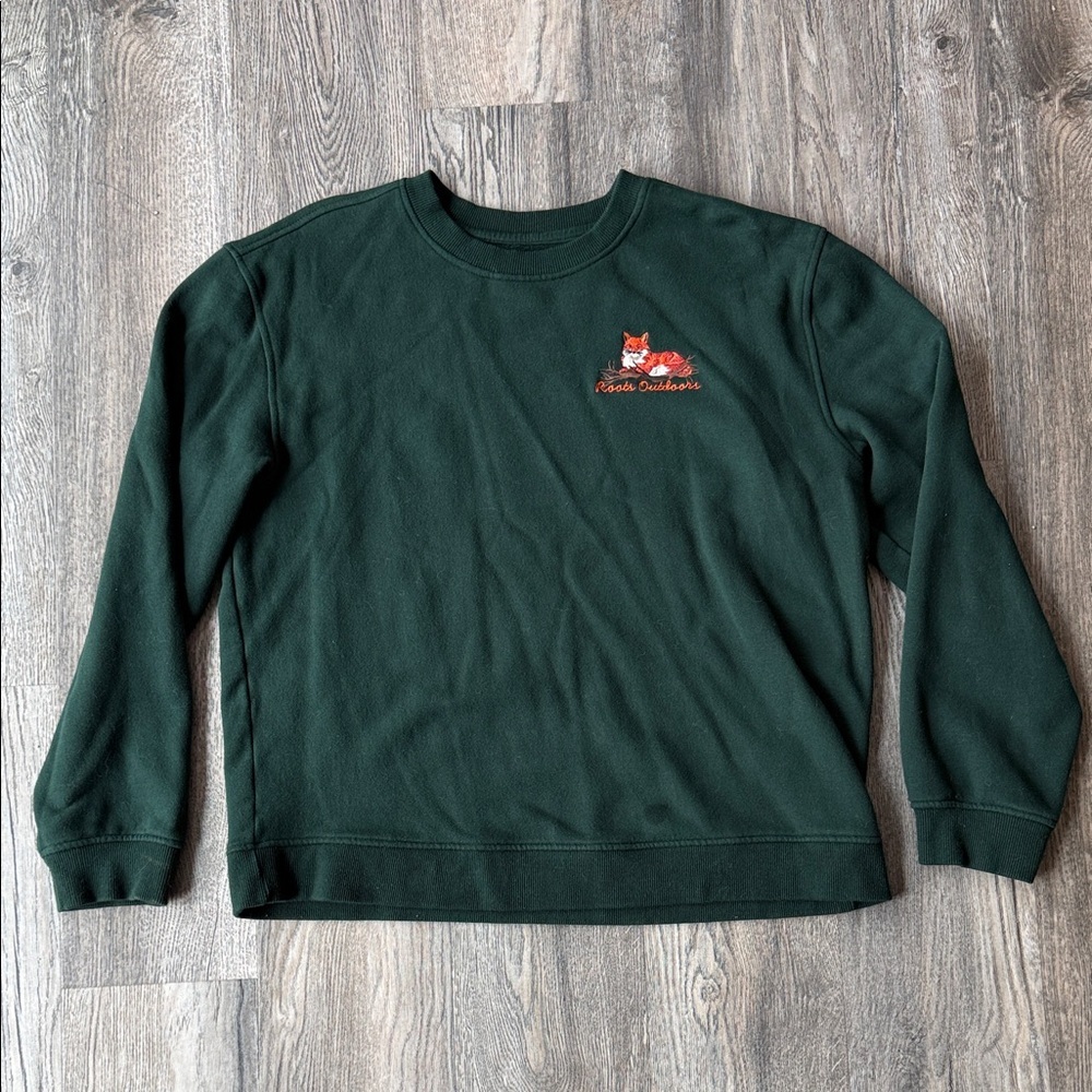 Roots Sweatshirt Green Crew Neck Embroidered Fox Long Sleeve Size Large
